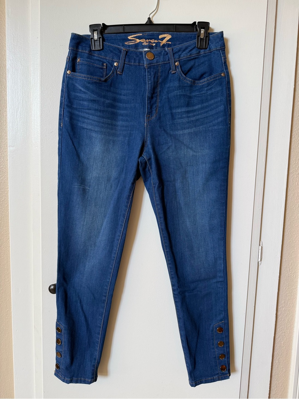 Seven7 Indigo Blue Stretch Ankle Jeans with Button Hem Detail